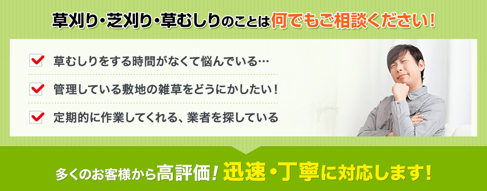 草刈り・芝刈り・草むしりのことは何でもご相談ください!多くのお客様から高評価!迅速・丁寧に対応します！
